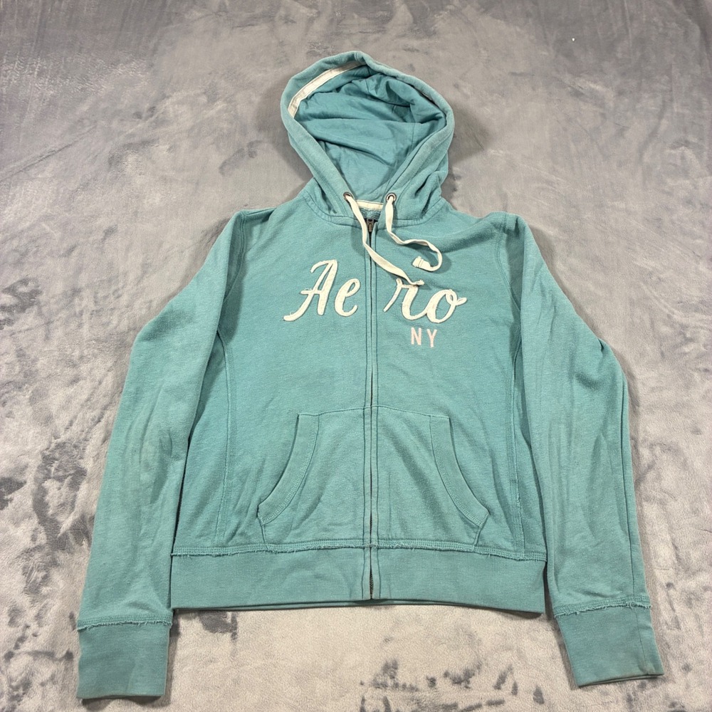 Aeropostale Full Zip Hoodie Womens Small Teal Aero NY Logo Long Sleeve
